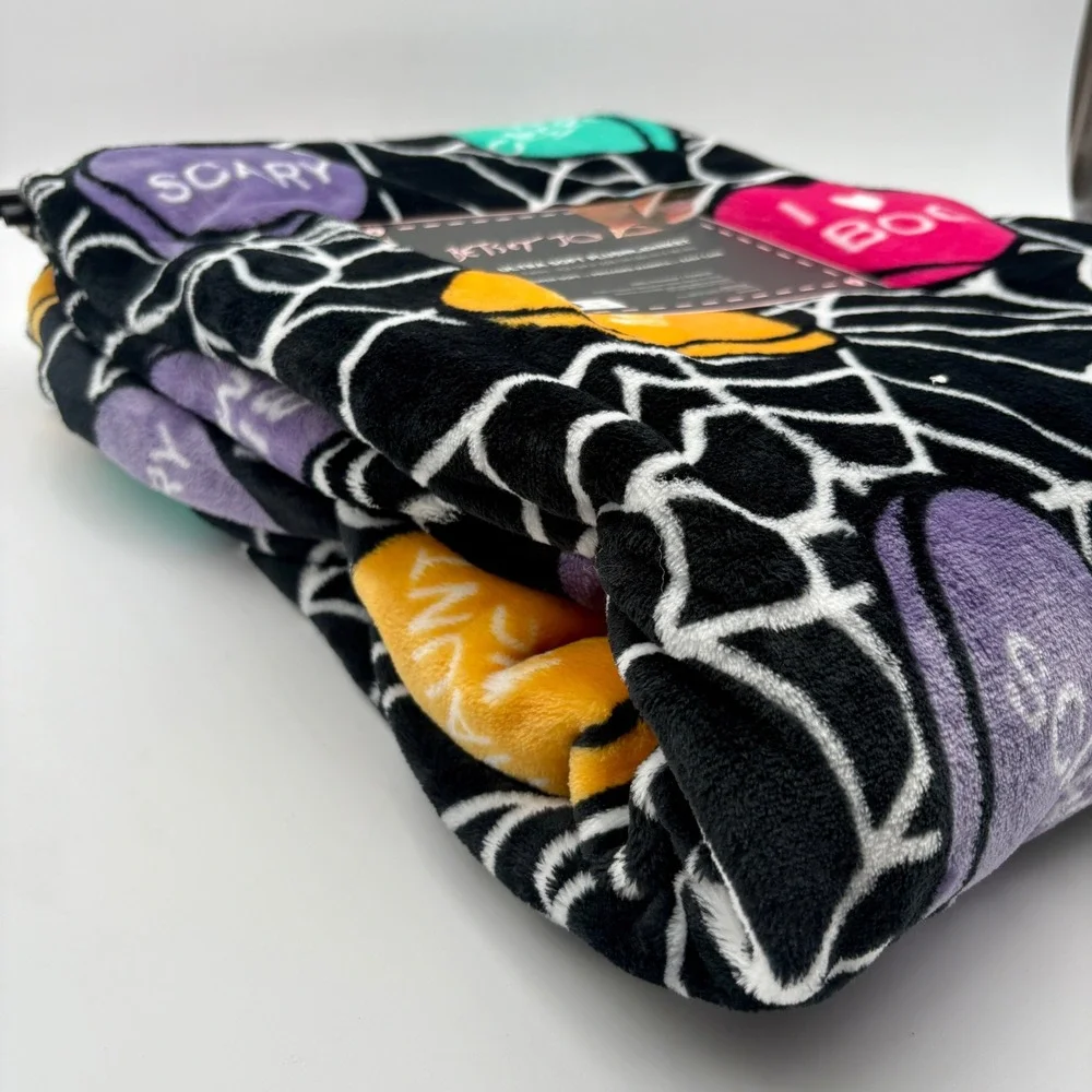 Betsey Johnson Halloween Candy Conversation Hearts Spiderweb Plush Throw Blanket